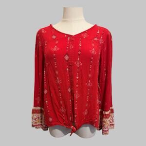Mudd Girls Boho Crinkle Geometric Y2K Knot Hem Vibrant Bell Sleeves Red Top XL